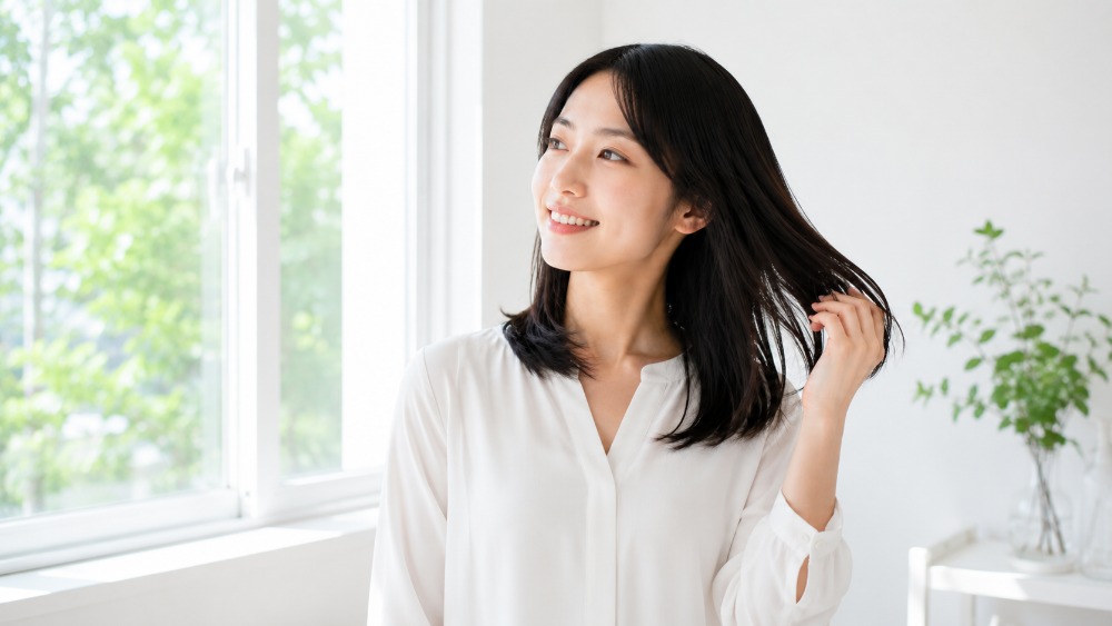 窓辺で髪を手ではらいながら笑顔の女性