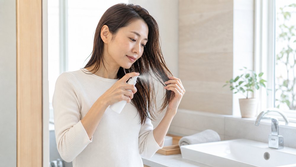 髪にヘアミストをなじませて熱対策をする女性