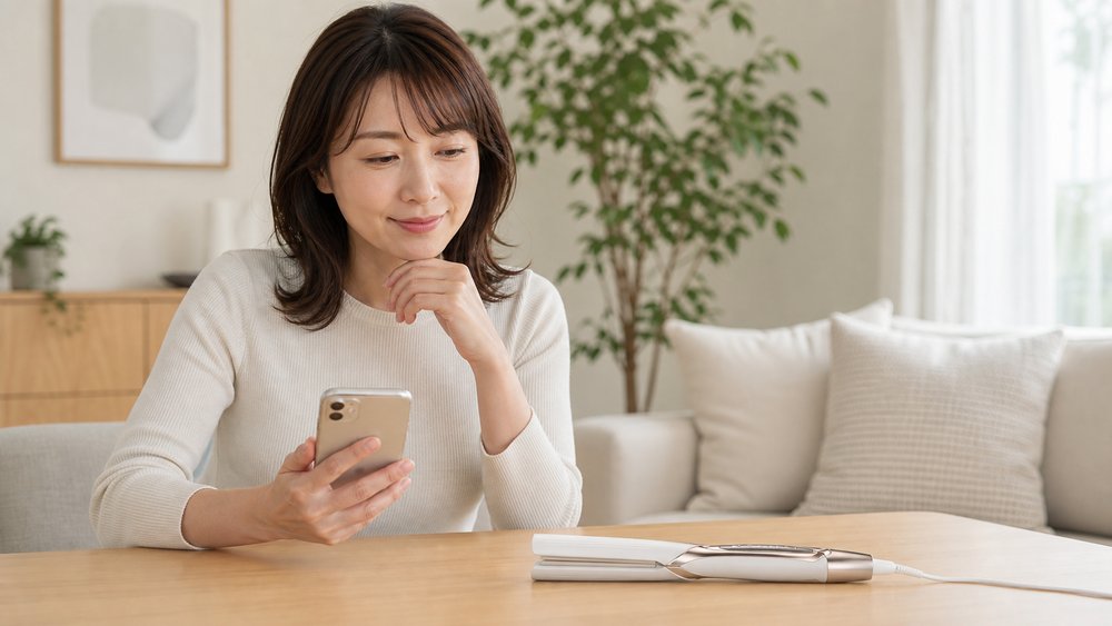 スマートフォンでリファストレートアイロンCSについて調べる女性