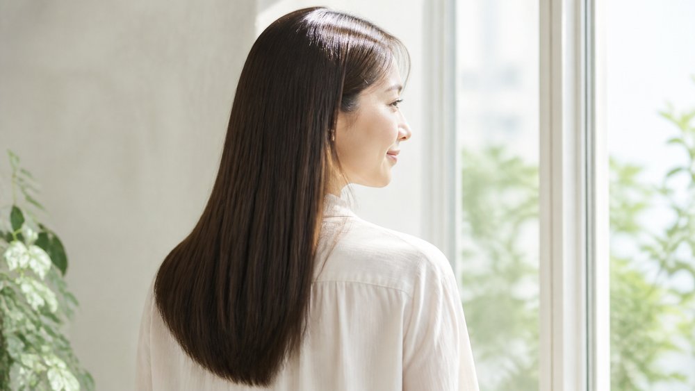 ストレートヘアに仕上がった髪で窓辺に立つ女性の後ろ姿