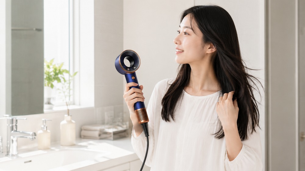 鏡の前でダイソン トラベルドライヤーを使って髪を乾かす女性
