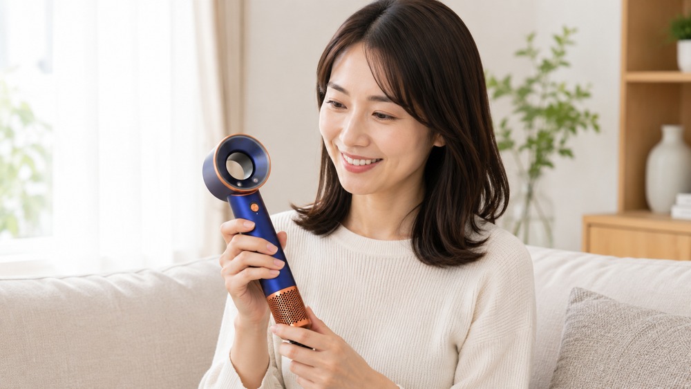 ダイソン トラベルドライヤーを手に持って笑顔を見せる女性