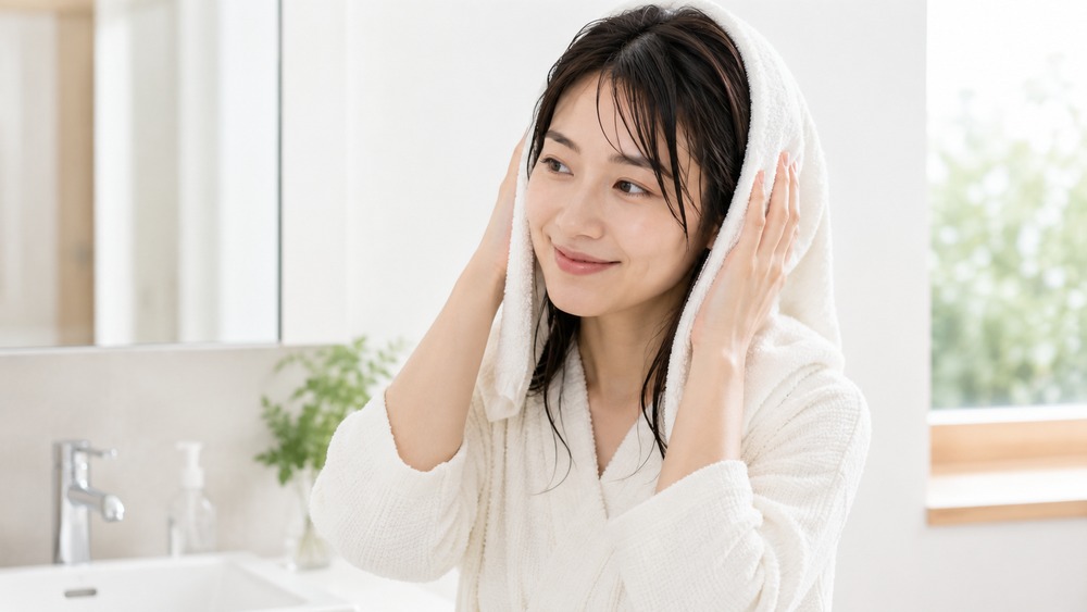 洗面所でタオルドライをする女性