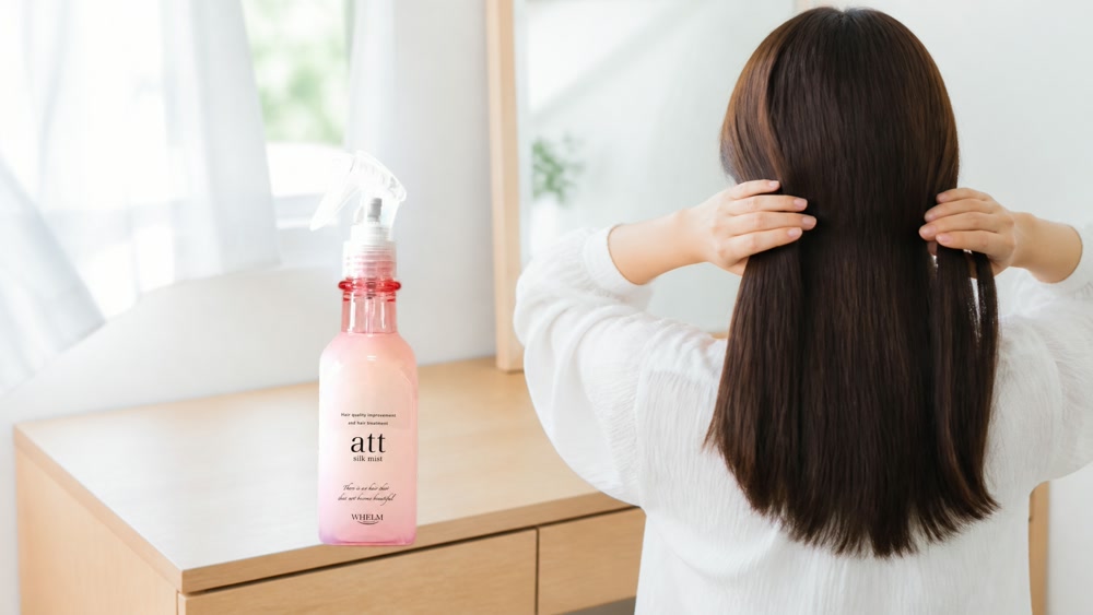 att シルクミストを使って朝のスタイリングをする女性