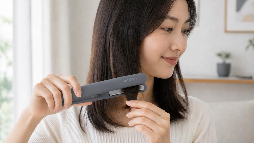 毛先を手に取りコードレスヘアアイロンを構える女性