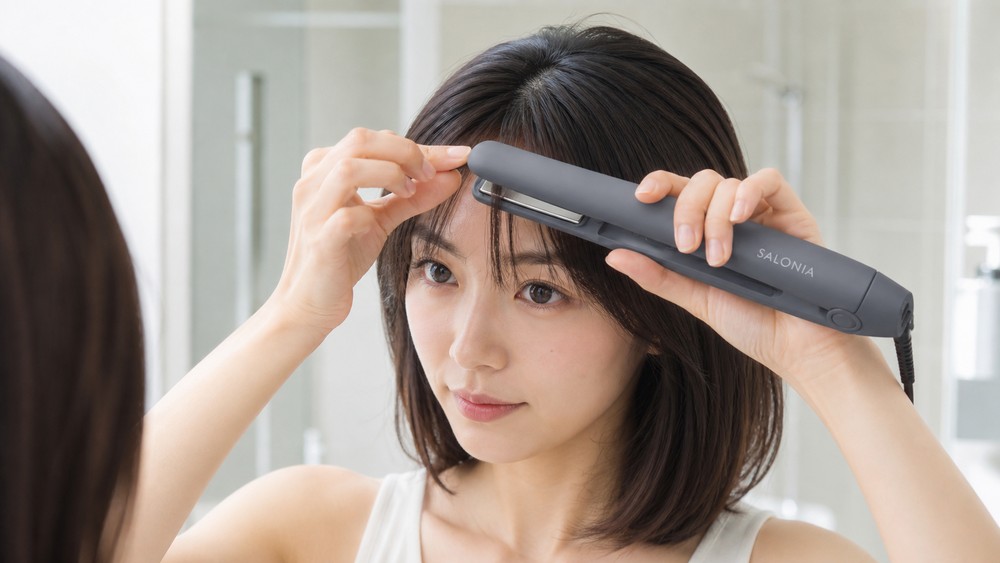 前髪をひと束に取りコードレスヘアアイロンで挟む手元