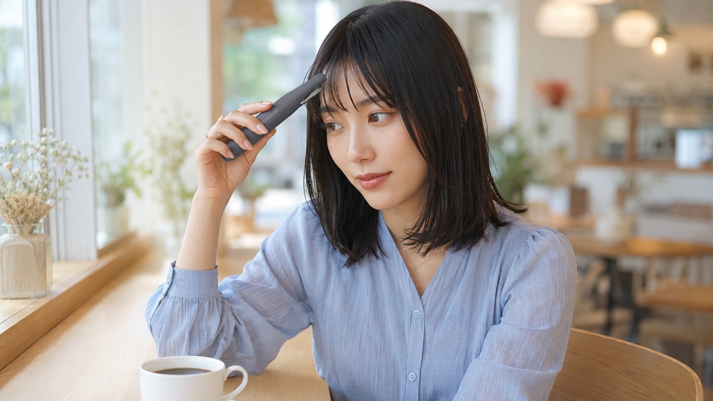 カフェのテーブルでコードレスヘアアイロンを手に持つ女性