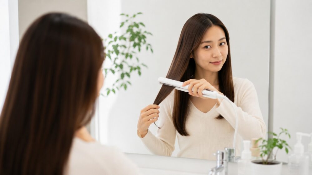 鏡の前でヘアアイロンを毛束に通す女性