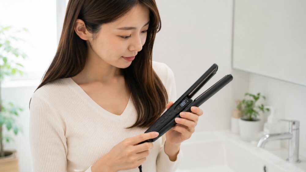 洗面所でヘアアイロンの温度表示をのぞき込む女性
