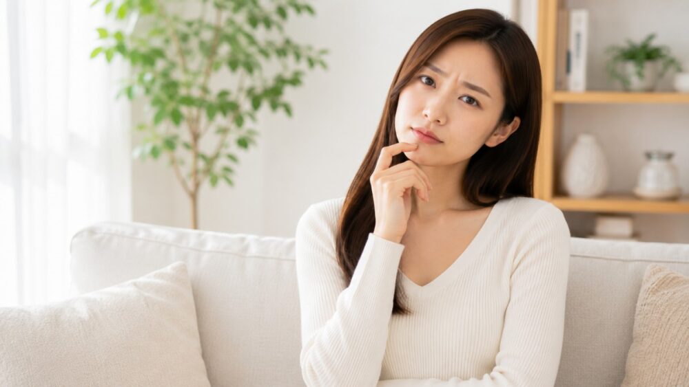 ソファで首をかしげて疑問の表情を浮かべる女性