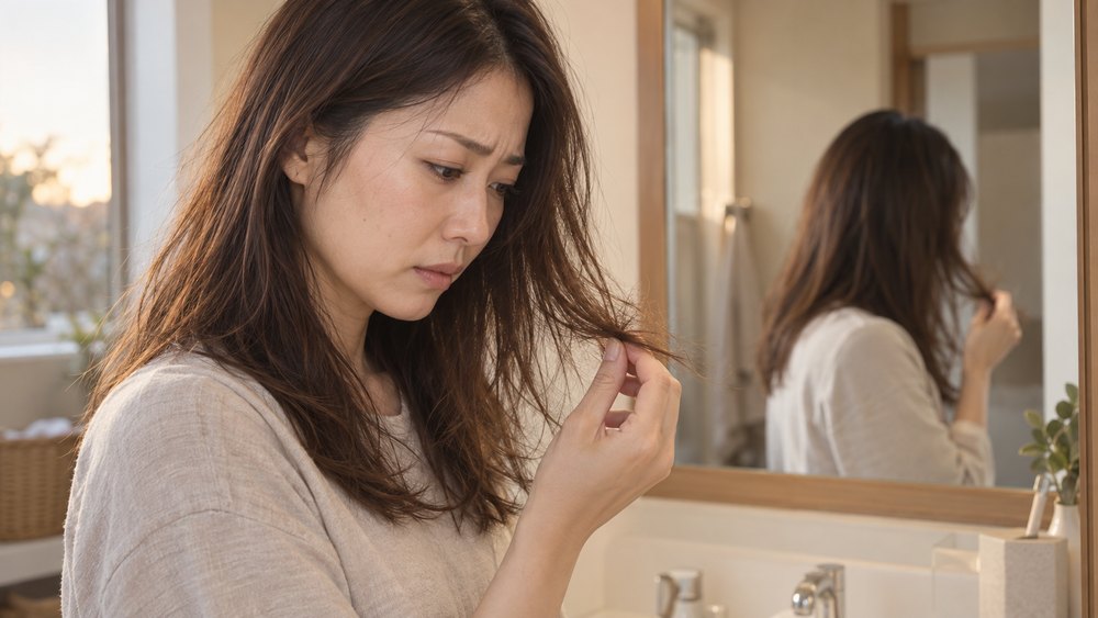 夕方に広がった毛先を気にする女性
