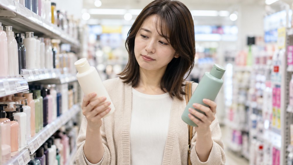 ヘアケア売り場でアウトバスを選ぶ女性