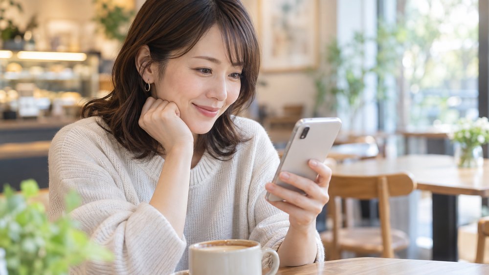 スマートフォンで口コミを読む女性