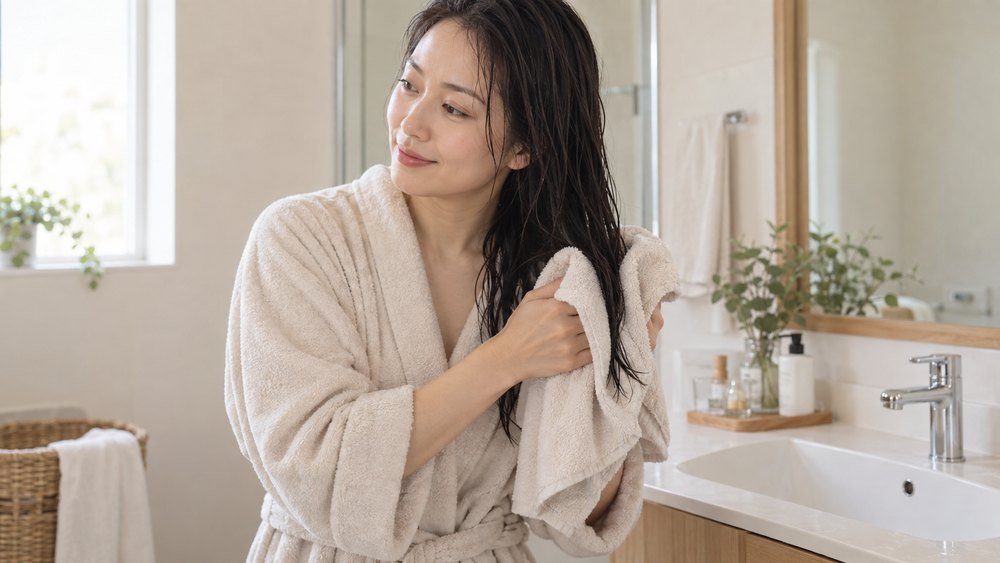 お風呂上がりにタオルドライする女性