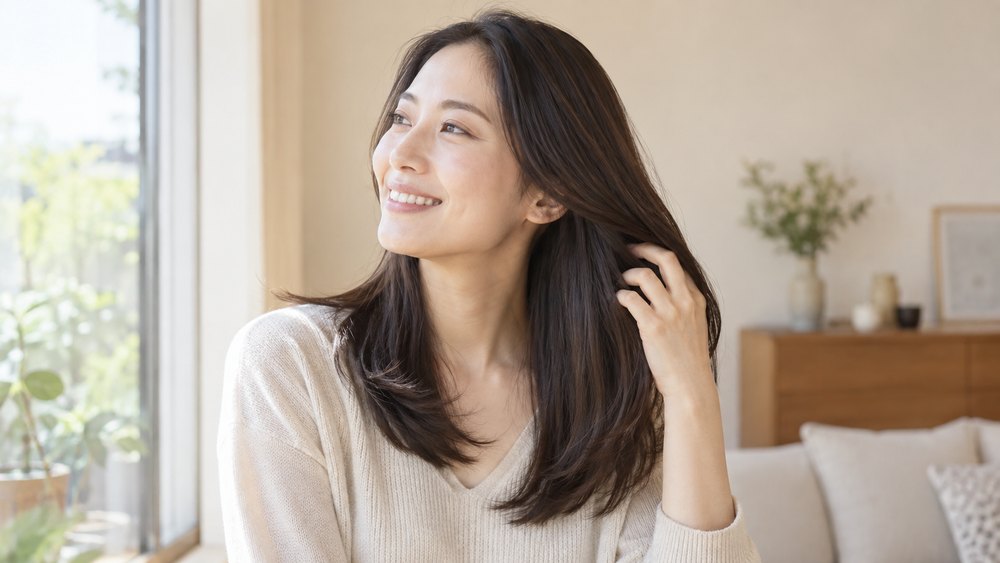 サラサラの髪で笑顔の女性