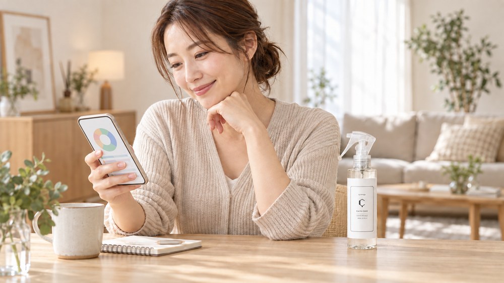 キトキュアのボトルとスマートフォンでコスパを確認する女性