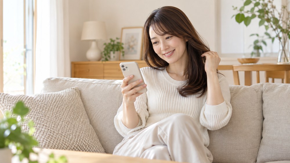 サラサラの髪をなでながら口コミを見て微笑む女性