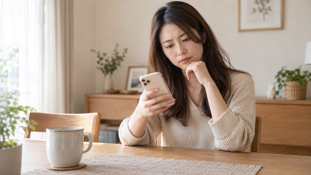 スマートフォンで気になる口コミを読む女性