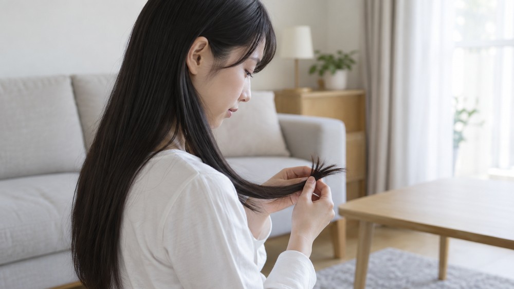 毛先を手に取って今の状態を確認する女性