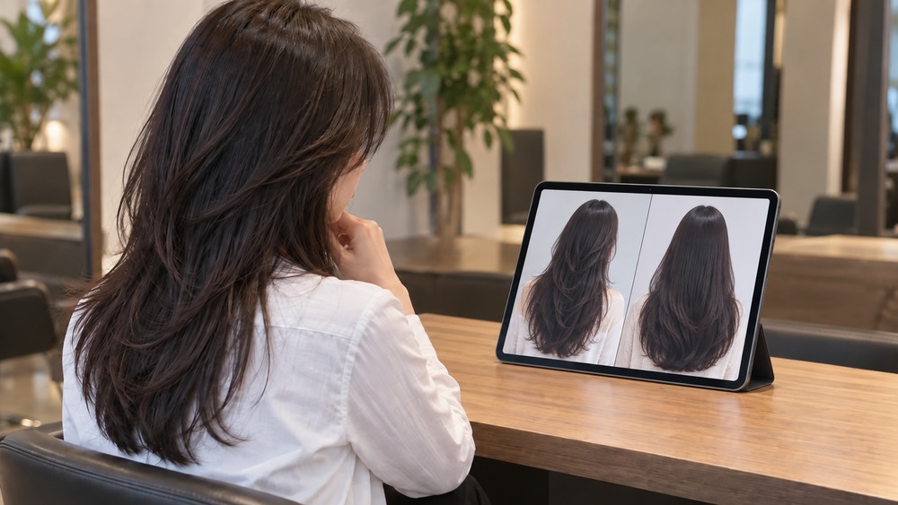 タブレットで段差のある髪型と重さを残した髪型を比べる女性