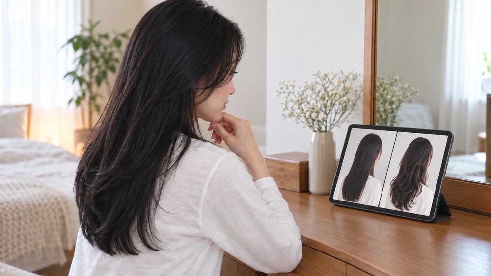 タブレットで巻かない日と巻いた日の髪型を比べる女性