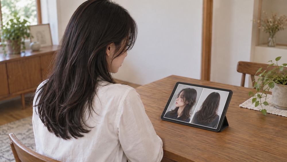 タブレットに希望の髪型写真をそろえて相談に備える女性