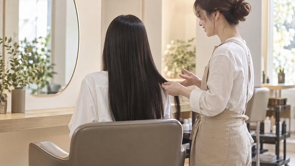 美容師に縮毛矯正のリタッチについて相談する女性