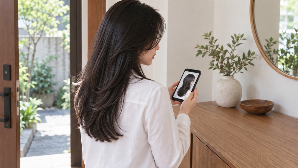 スマートフォンの希望写真を確認して髪型の相談に備える女性