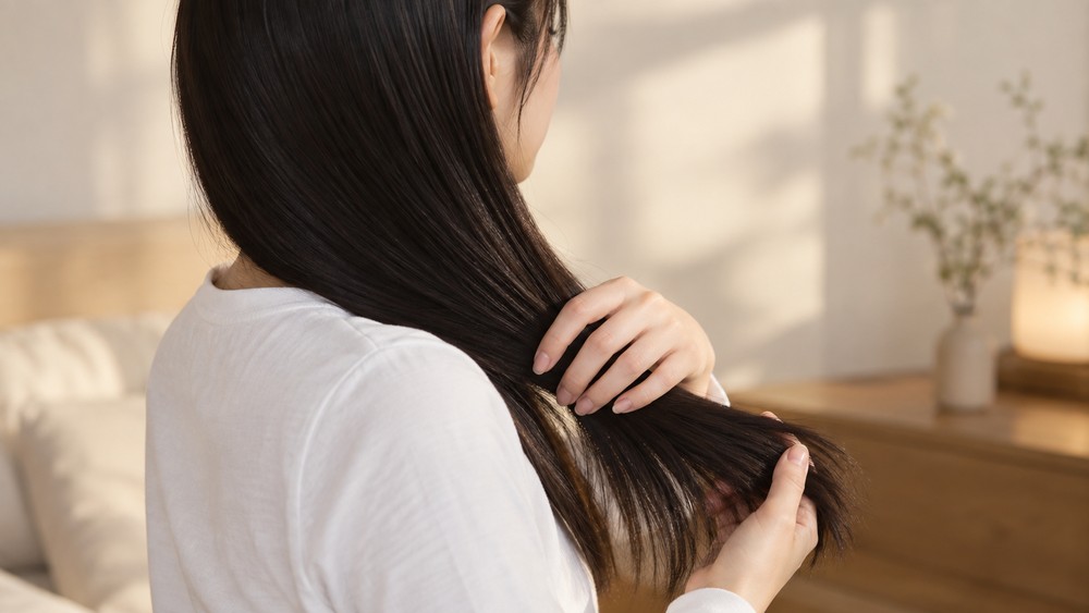 なめらかな毛先を指でやさしくとかす女性