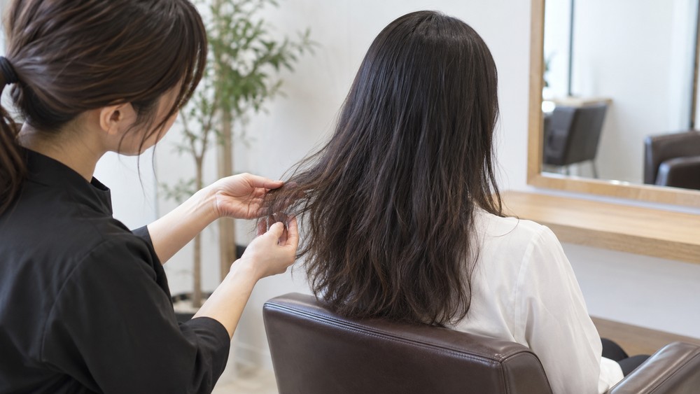 毛先のうねりやパサつきを美容師に相談する様子