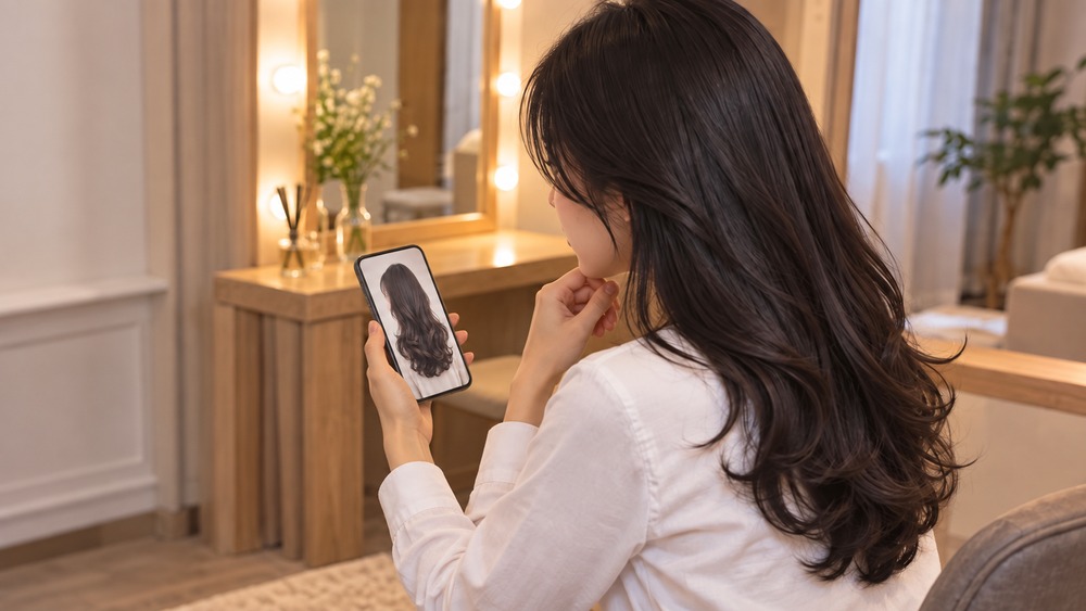 スマートフォンでカールをつけた髪型写真を確認する女性