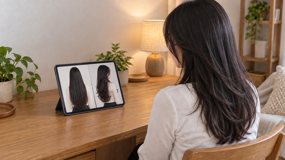 タブレットで好みの違うロングヘア写真を見比べる女性