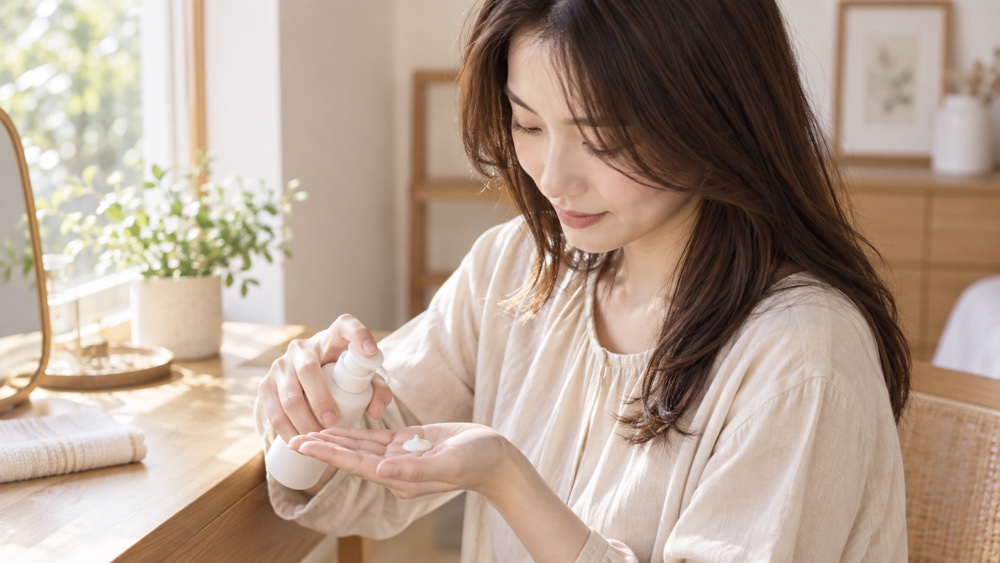 手のひらに少量を出して使用量を確認する説明用イメージ