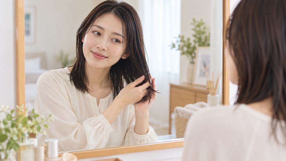 タオルドライ後の毛先にミルクをなじませる説明用イメージ
