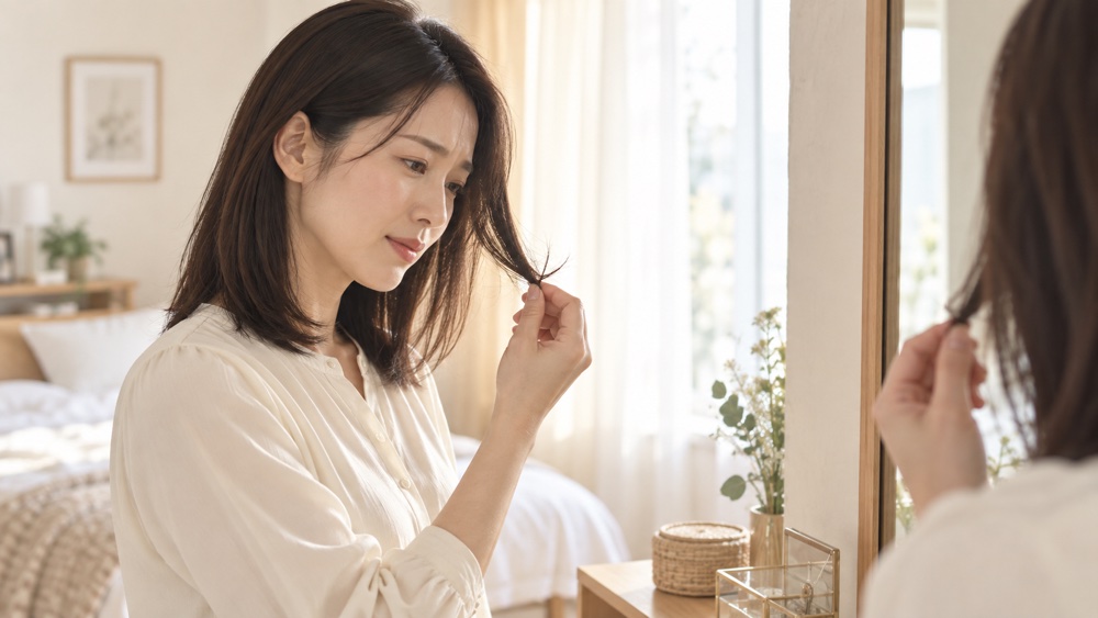 毛先の状態を鏡で確認する女性の説明用イメージ