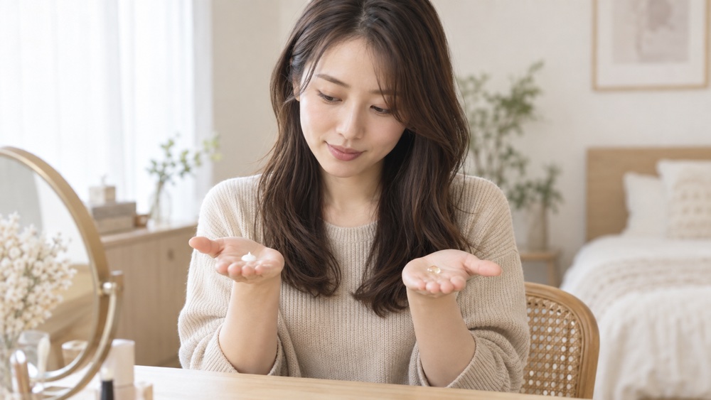 ヘアミルクとオイルを手のひらで見比べる説明用イメージ