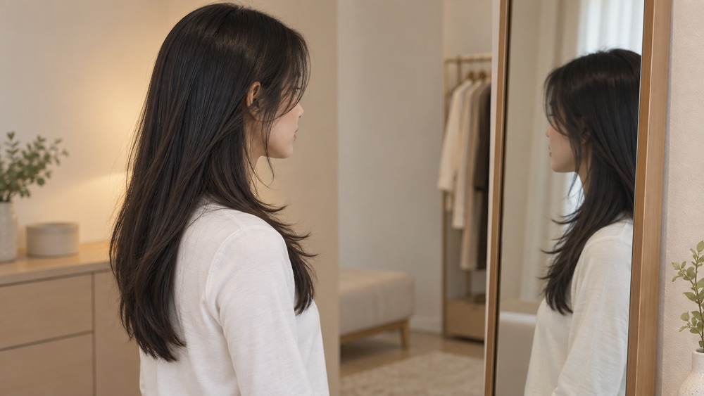 長さの段差と顔周りの髪を鏡で確認する女性