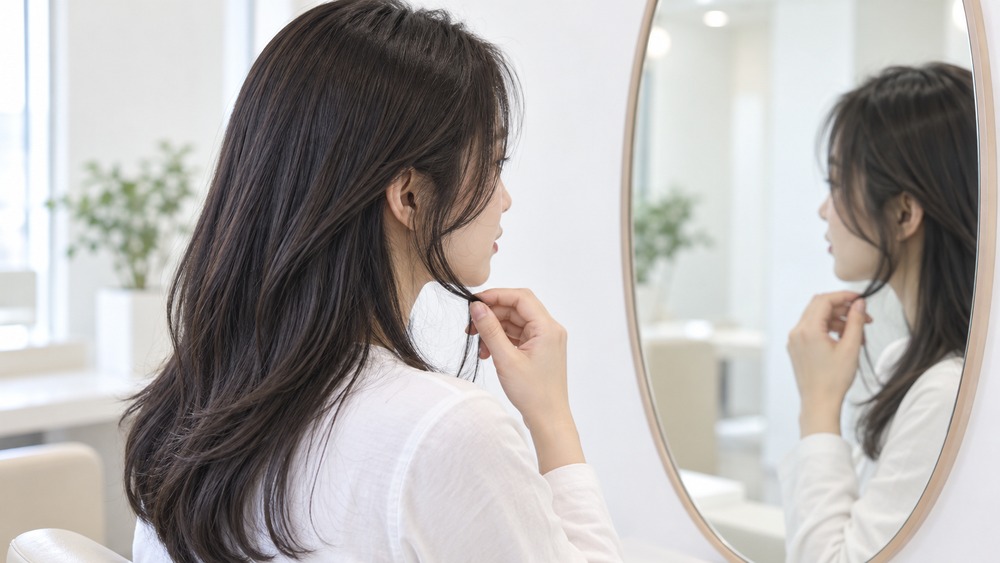 頬から顎にかかる顔周りの髪を確認する女性