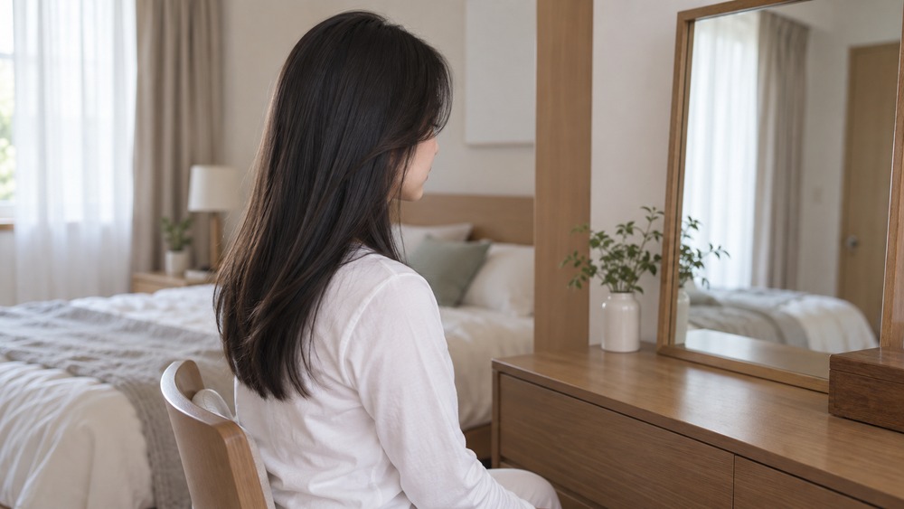 朝の鏡の前で自然な髪のまとまりを確かめる女性