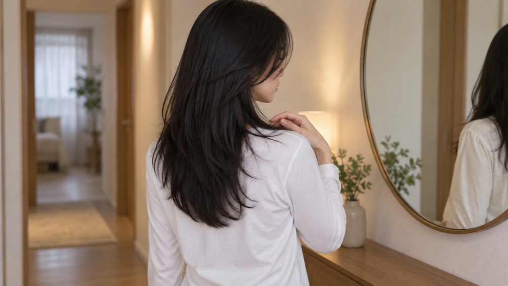 長さの段差による髪のシルエットを確認する女性