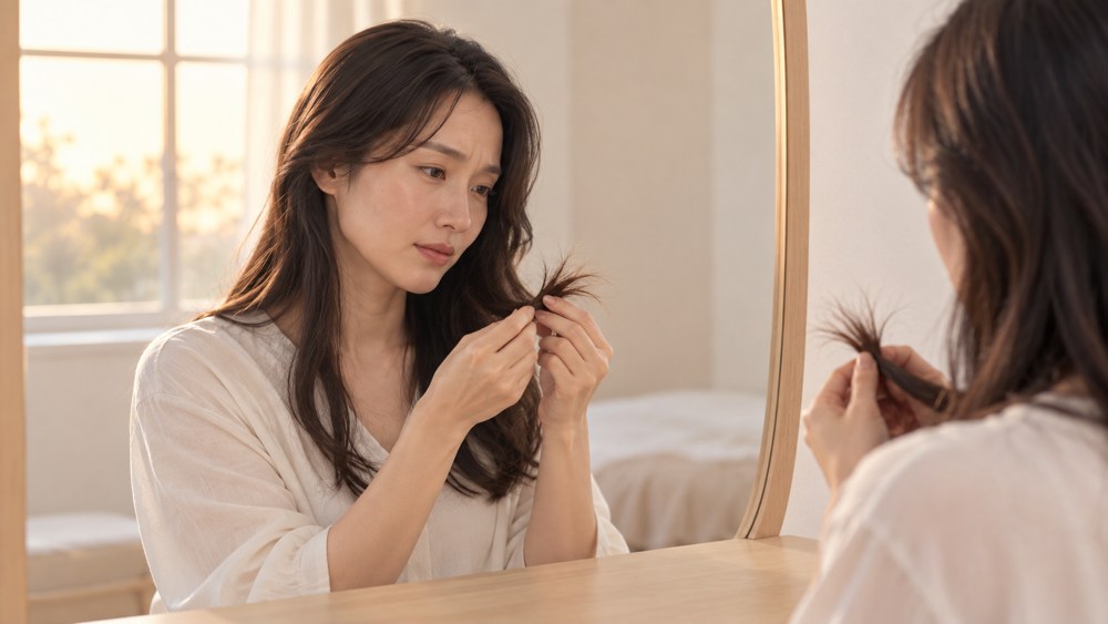 鏡の前で毛先の状態を気にする女性