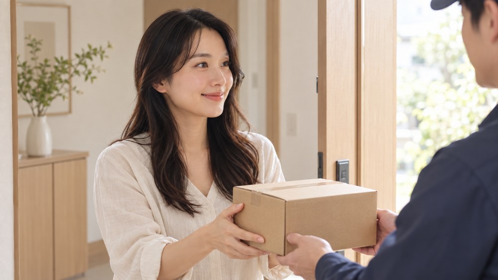 玄関で届いた小包を開ける女性