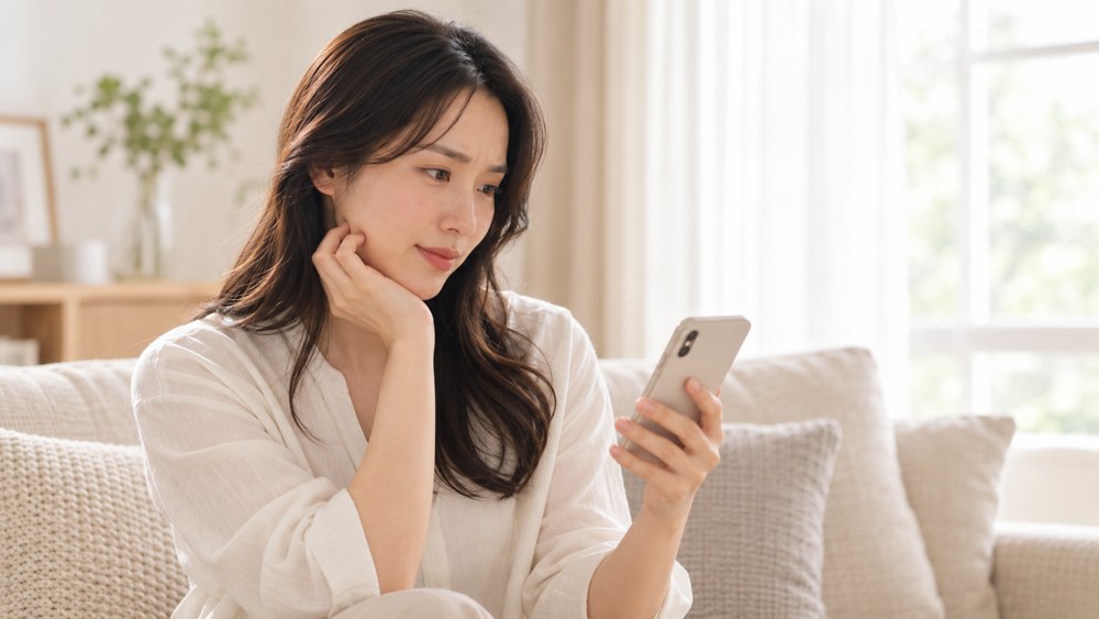 スマホでシーラ デザインセラムの値段を見ながら迷う女性