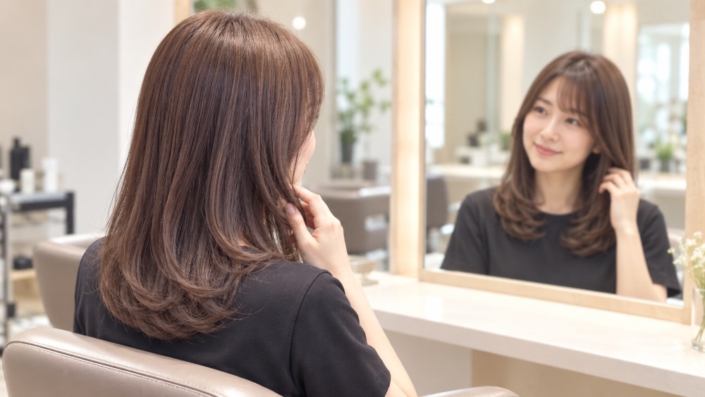美容室の鏡の前で仕上がりを確認する女性
