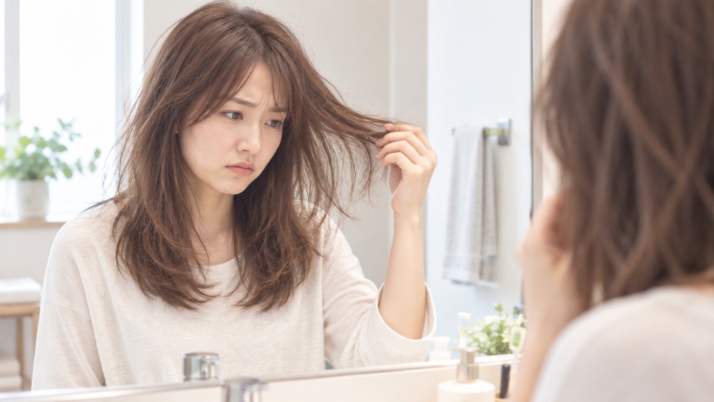 洗面所の鏡の前で広がる髪に困る女性