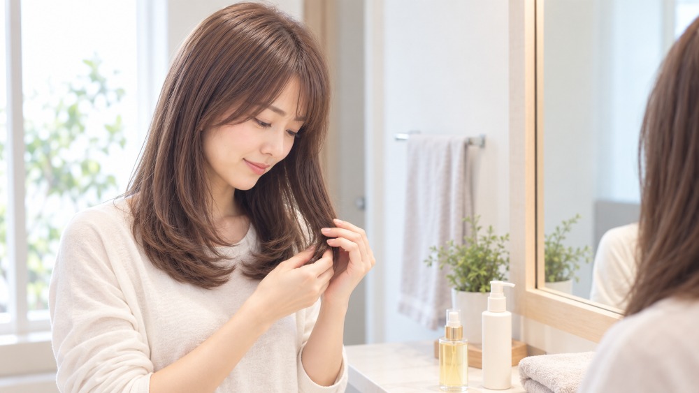 洗面台で毛先にヘアオイルをつける女性