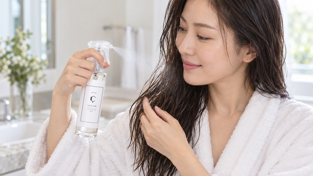 濡れた髪にキトキュアをスプレーする女性