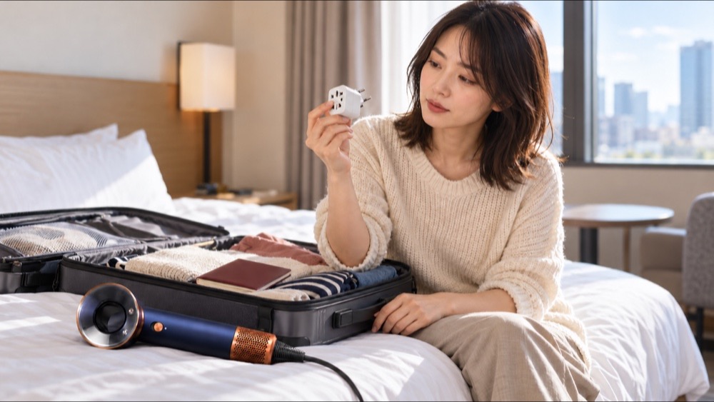 ホテルで変換プラグを手に取る女性とダイソン トラベルドライヤー
