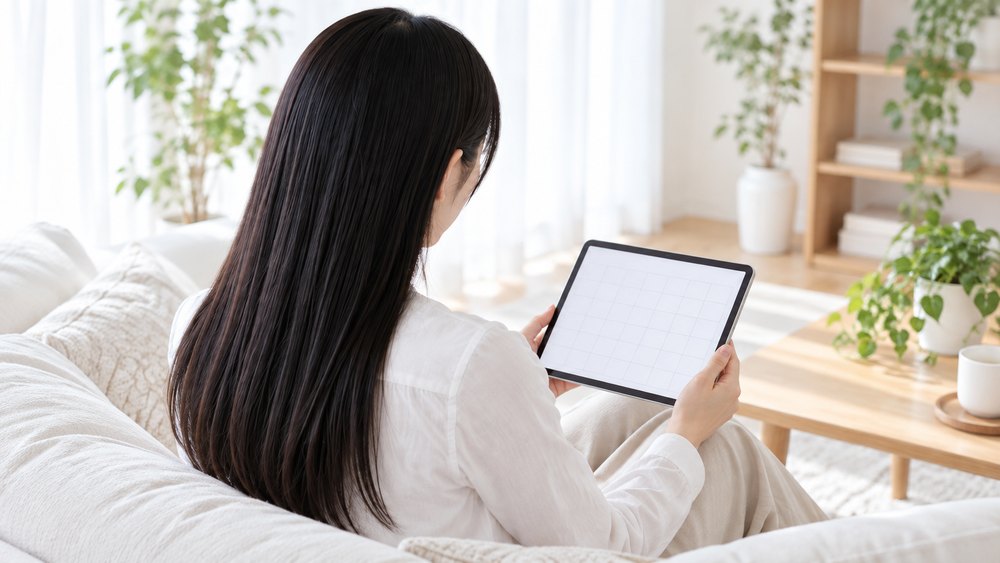 ソファでタブレットのカレンダーを見ながら年末年始の予定を考える女性