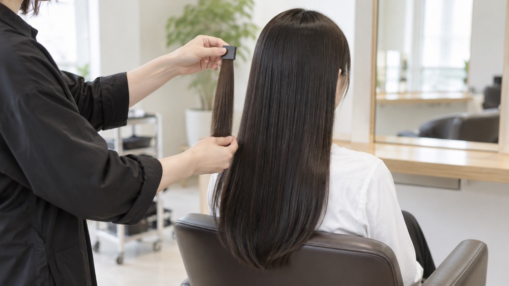 美容室で髪色の見本を確認する女性